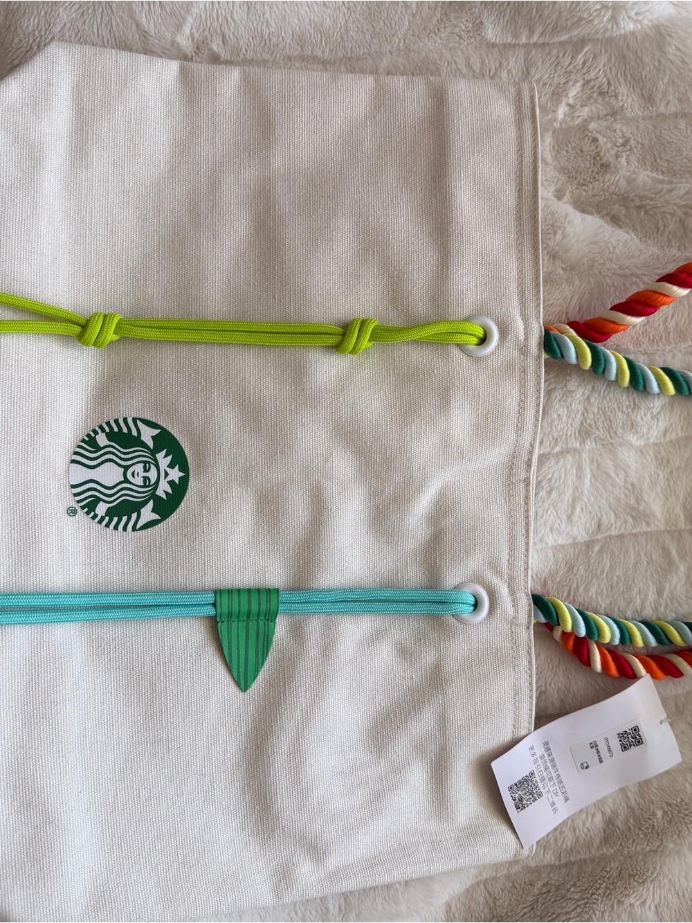 Starbucks White Canvas Tote with Rainbow Rope Handles and Turquoise Drawcord - Picture 5 of 11